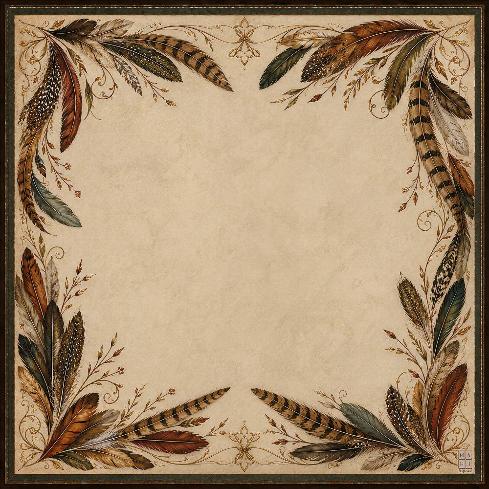 The Gamekeeper mahjong mat with pheasant feathers in chestnut, bronze and green on a parchment center