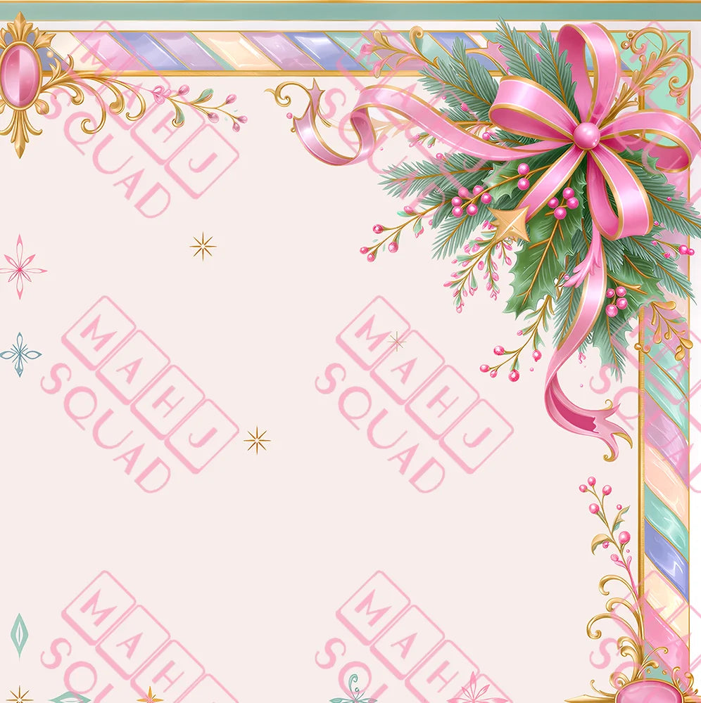 Clara's Dream Christmas mahjong mat with evergreen boughs, pink ribbons and a blush center, Nutcracker inspired